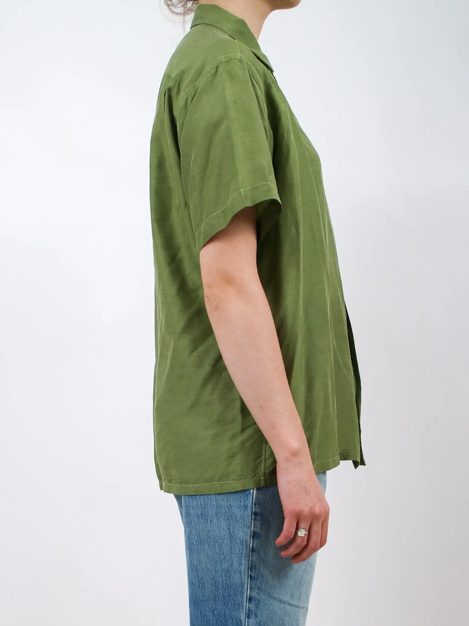 1960s Olive Green Short Sleeve Silk Button Up Shirt