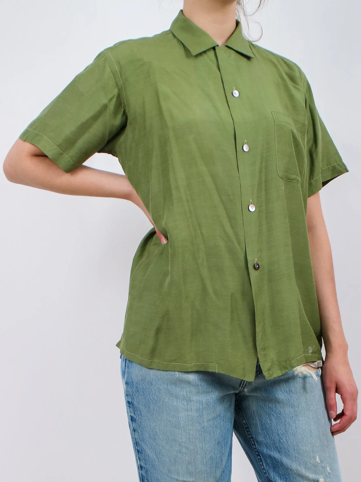 1960s Olive Green Short Sleeve Silk Button Up Shirt