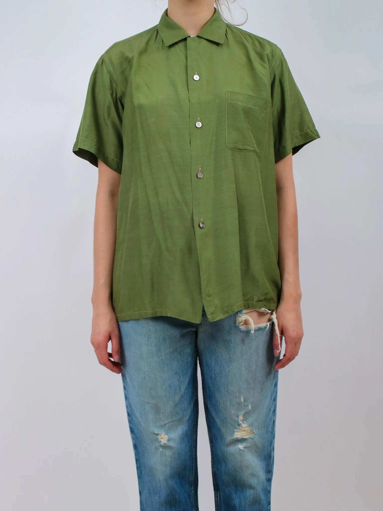 1960s Olive Green Short Sleeve Silk Button Up Shirt