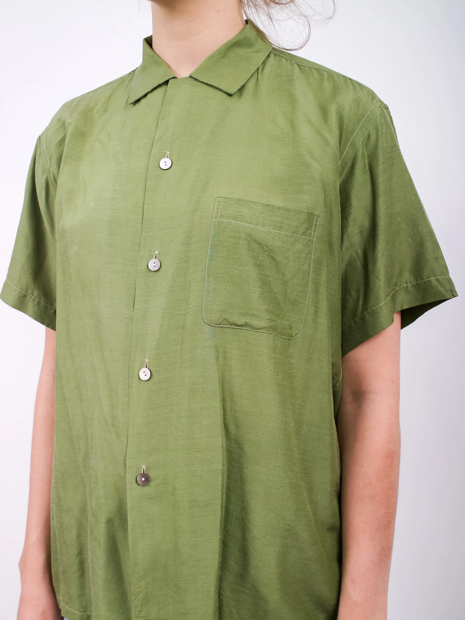 1960s Olive Green Short Sleeve Silk Button Up Shirt