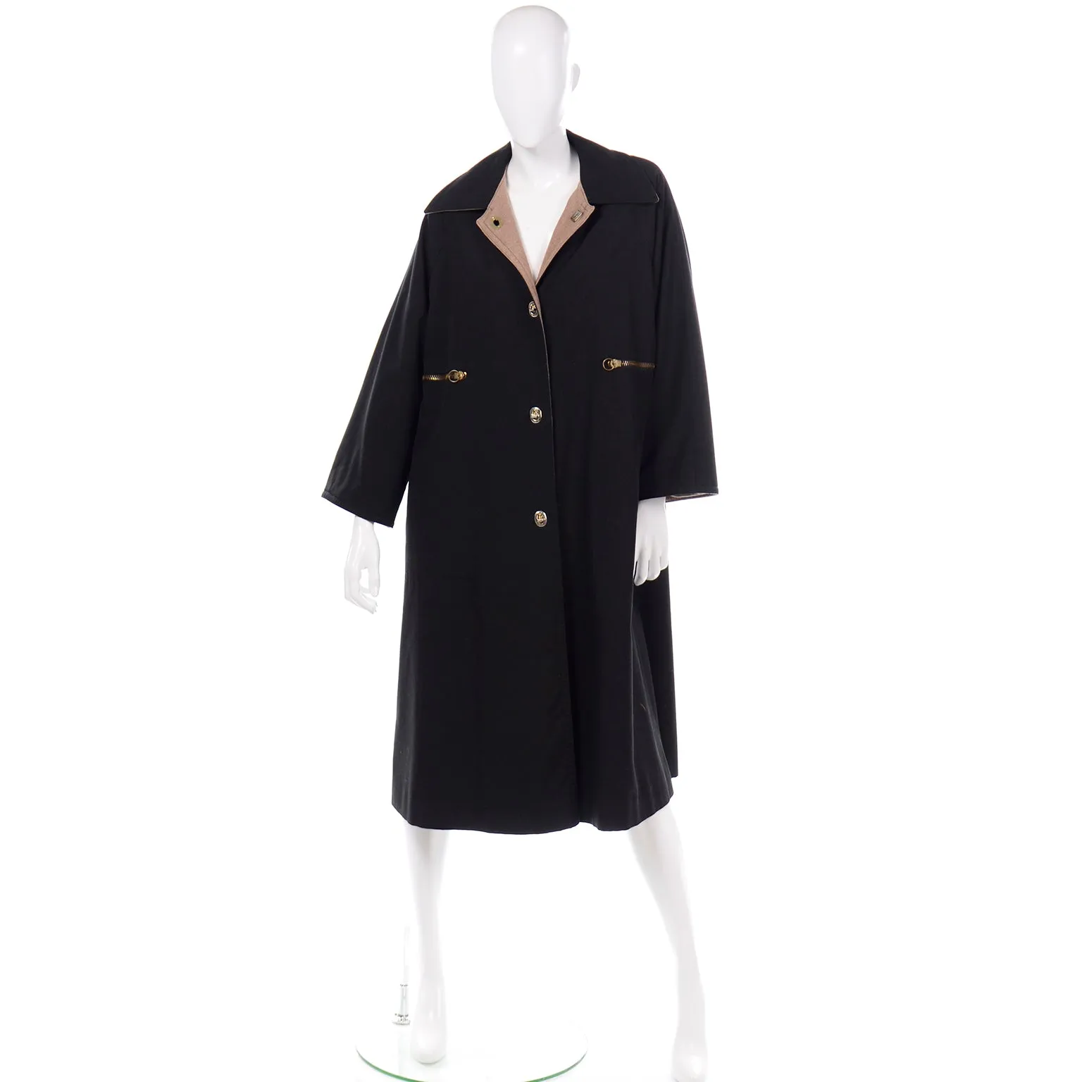 1970s Vintage Bonnie Cashin Black Coat All Weather Raincoat w Cashmere Lining