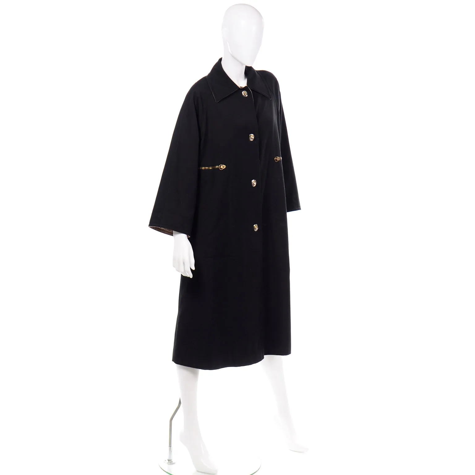 1970s Vintage Bonnie Cashin Black Coat All Weather Raincoat w Cashmere Lining