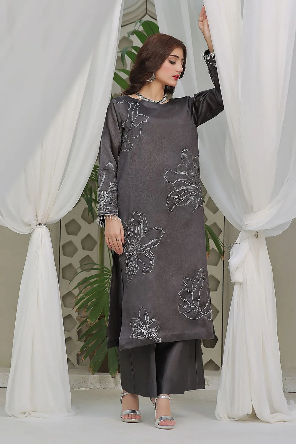 2PC Stitched Embroidered Silk Shirt & Trouser KFSE-2365