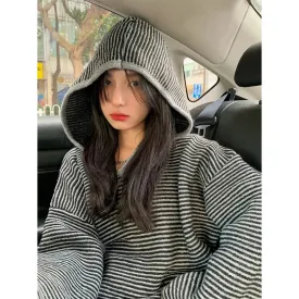 Aiertu Striped Hooded Sweater Women Streetwear Oversized Knitted Pullovers Y2K Harajuku Knitwear Vintage Korean Casual Jumpers