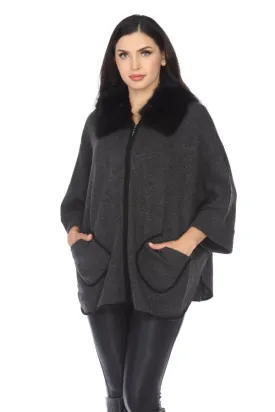 Alashan Luxe Charcoal/Ebony 100% Cashmere Fox Collar Zip Poncho LX1002