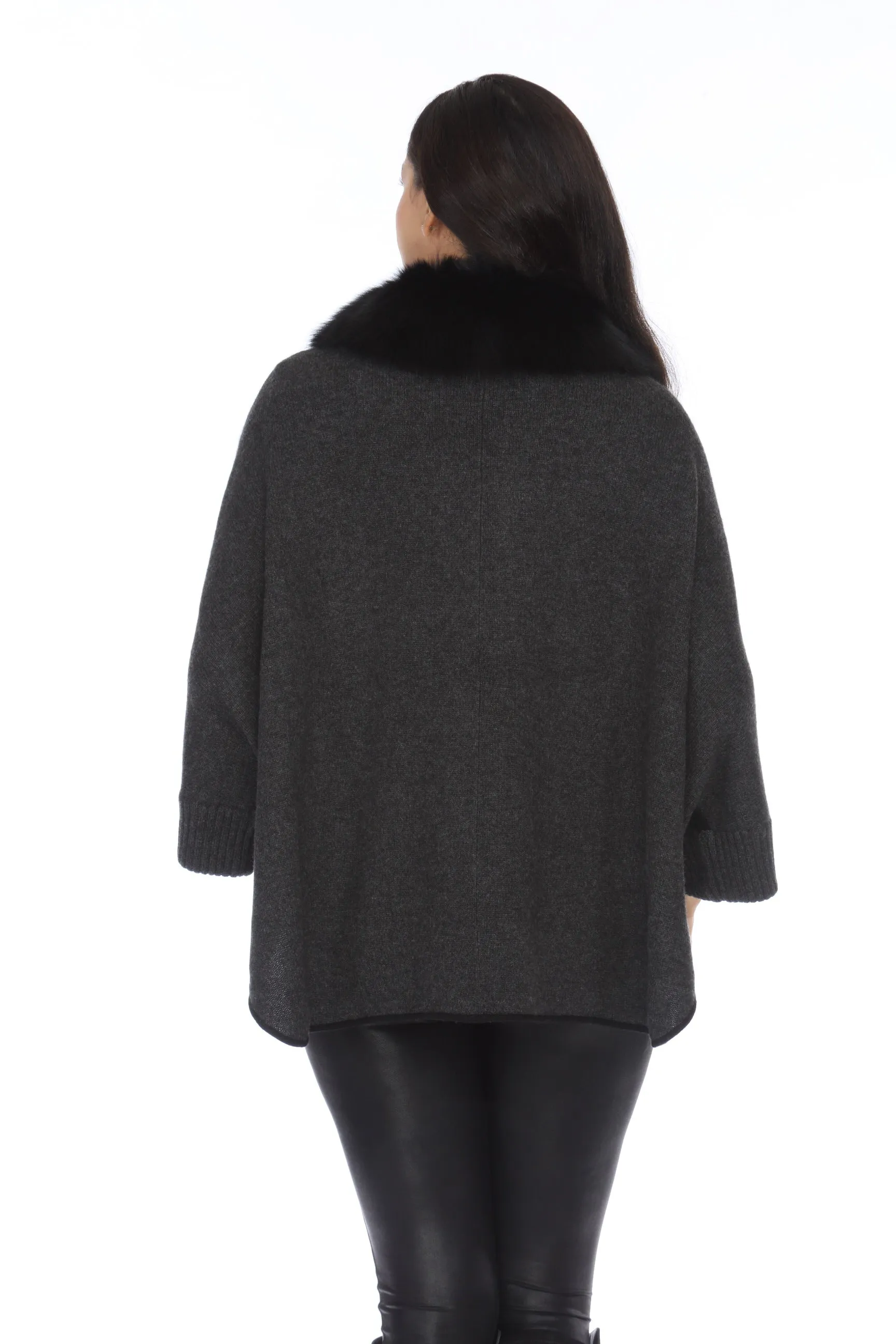 Alashan Luxe Charcoal/Ebony 100% Cashmere Fox Collar Zip Poncho LX1002