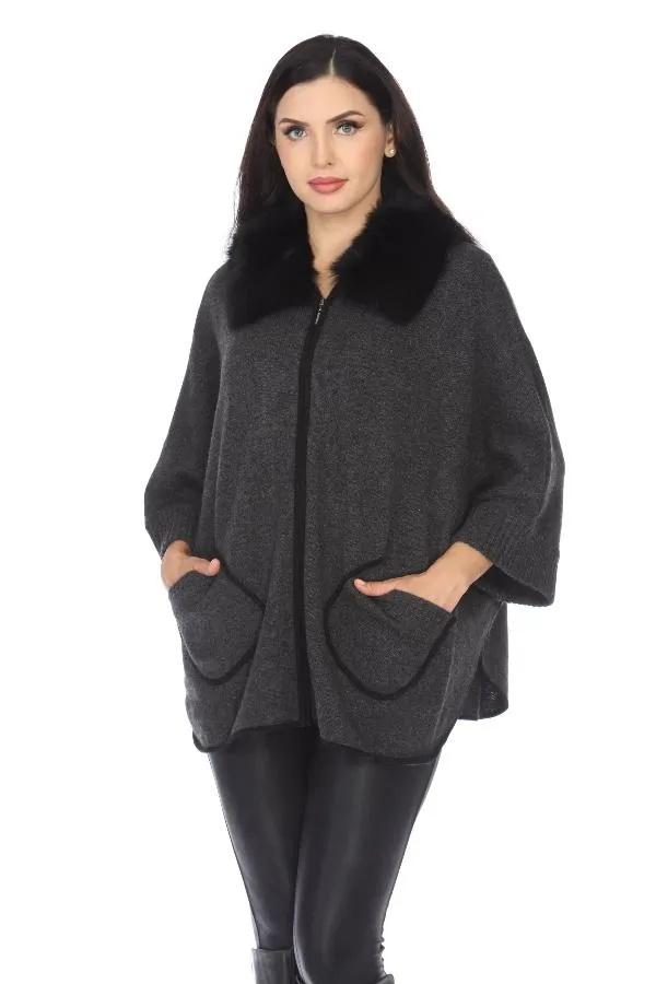 Alashan Luxe Charcoal/Ebony 100% Cashmere Fox Collar Zip Poncho LX1002