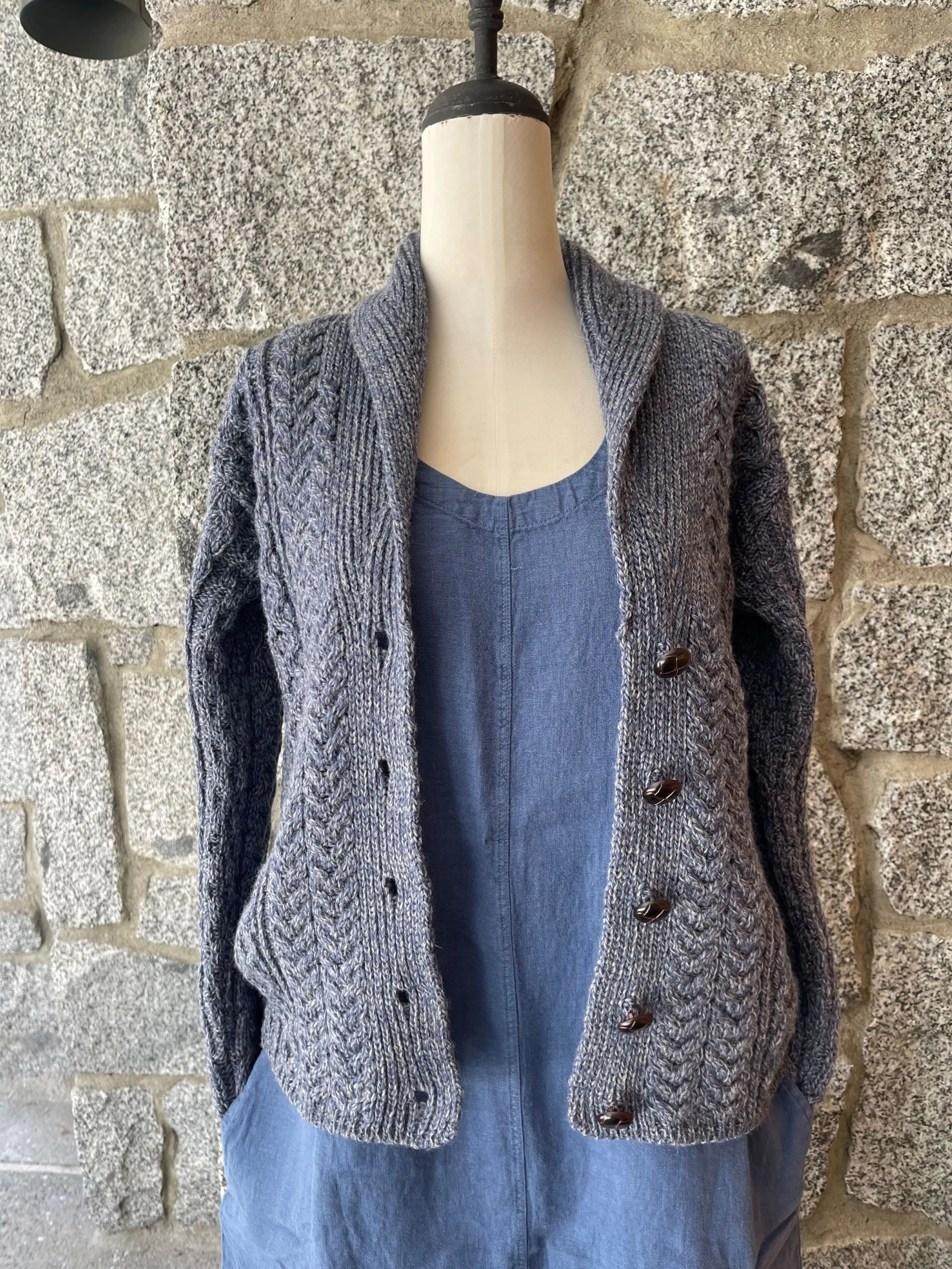 Aran - Shawl Collar Cardigan with Buttons - Denim marl