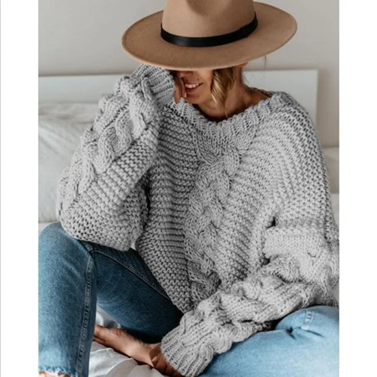 Autumn and Winter Popular Solid Pullover V-neck Fried Dough Twists Loose Sweater Casual Knitwear Women