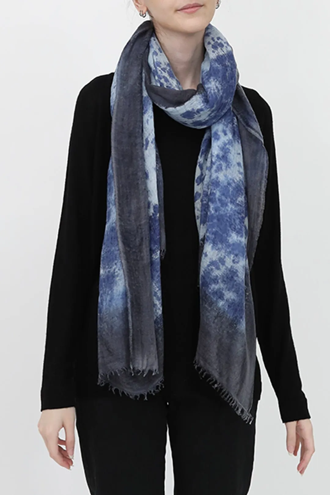 BORDERED DENIM SCARF IN HAND DYED CASHMERE