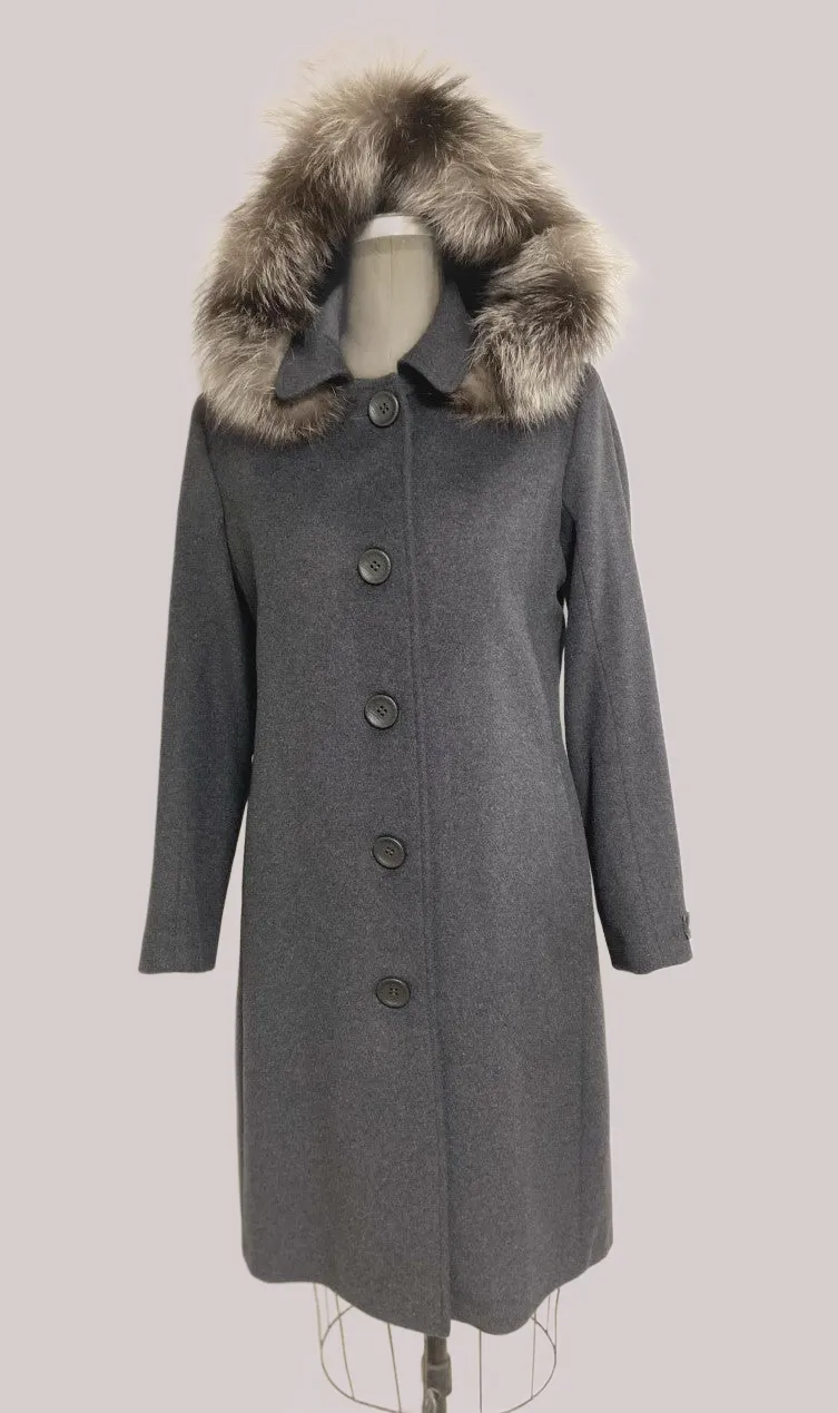 Carolina Classic Coat - 50% Cashmere & Wool Blend -Detachable Fox Hood