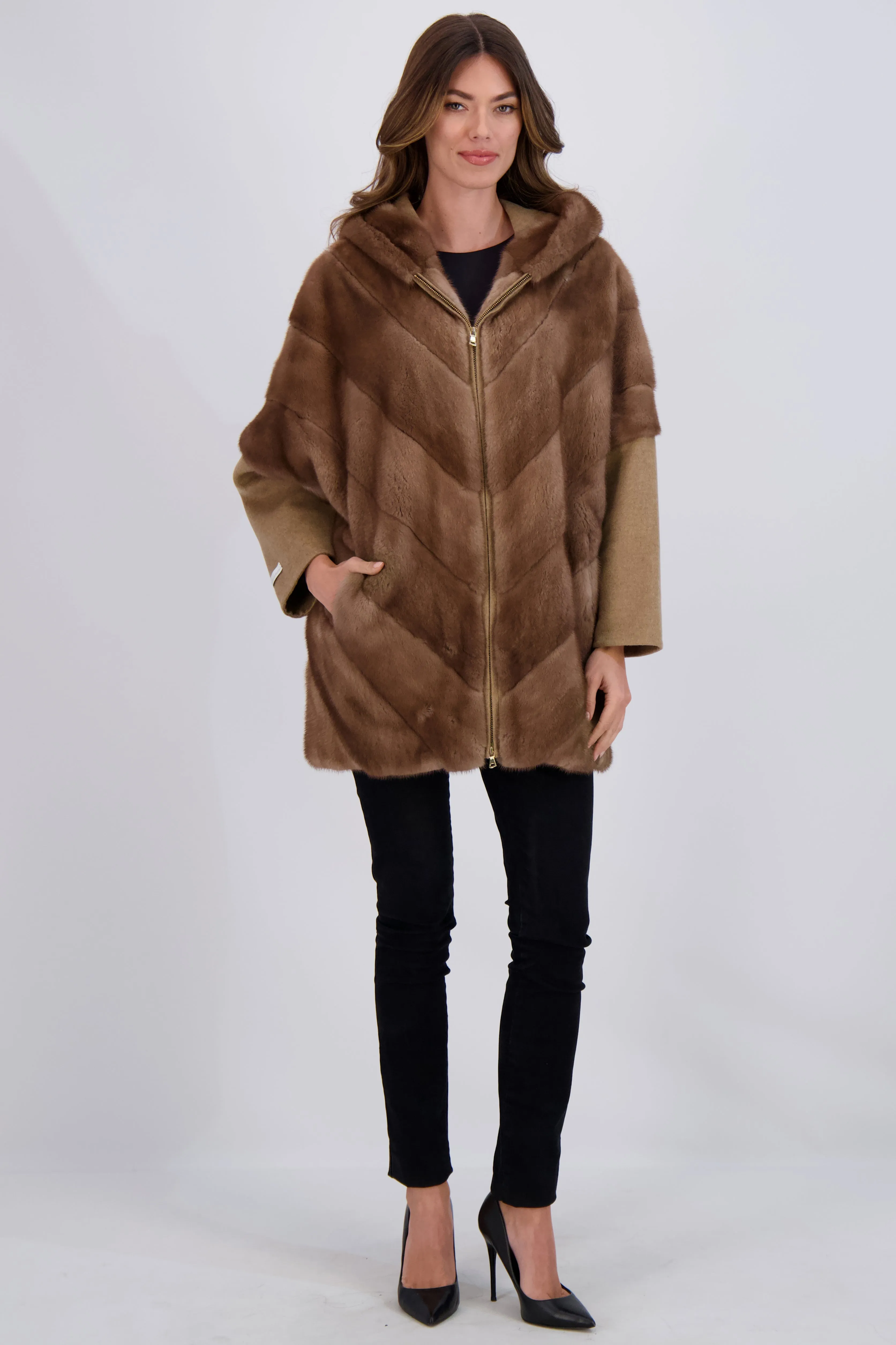 Chevron Mink Parka with Cashmere Sleeves