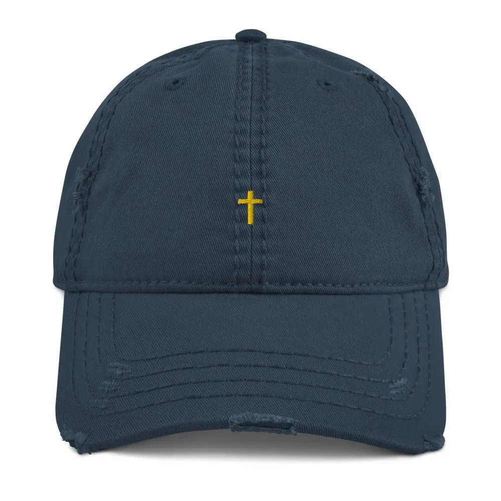 Cross Embroidered Distressed 6 panel hat cap Jesus Lord God Christ Christian Christianity Faith Catholic Mormon LDS Lutheran Unitarian