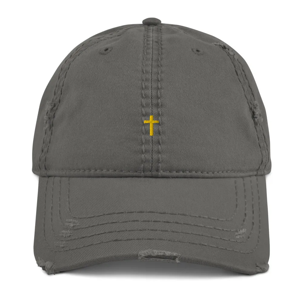 Cross Embroidered Distressed 6 panel hat cap Jesus Lord God Christ Christian Christianity Faith Catholic Mormon LDS Lutheran Unitarian