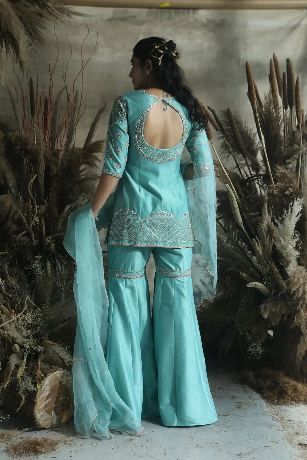 Dark Turquoise Dupian Silk Short Shirt With Garara/Organza Dupatta