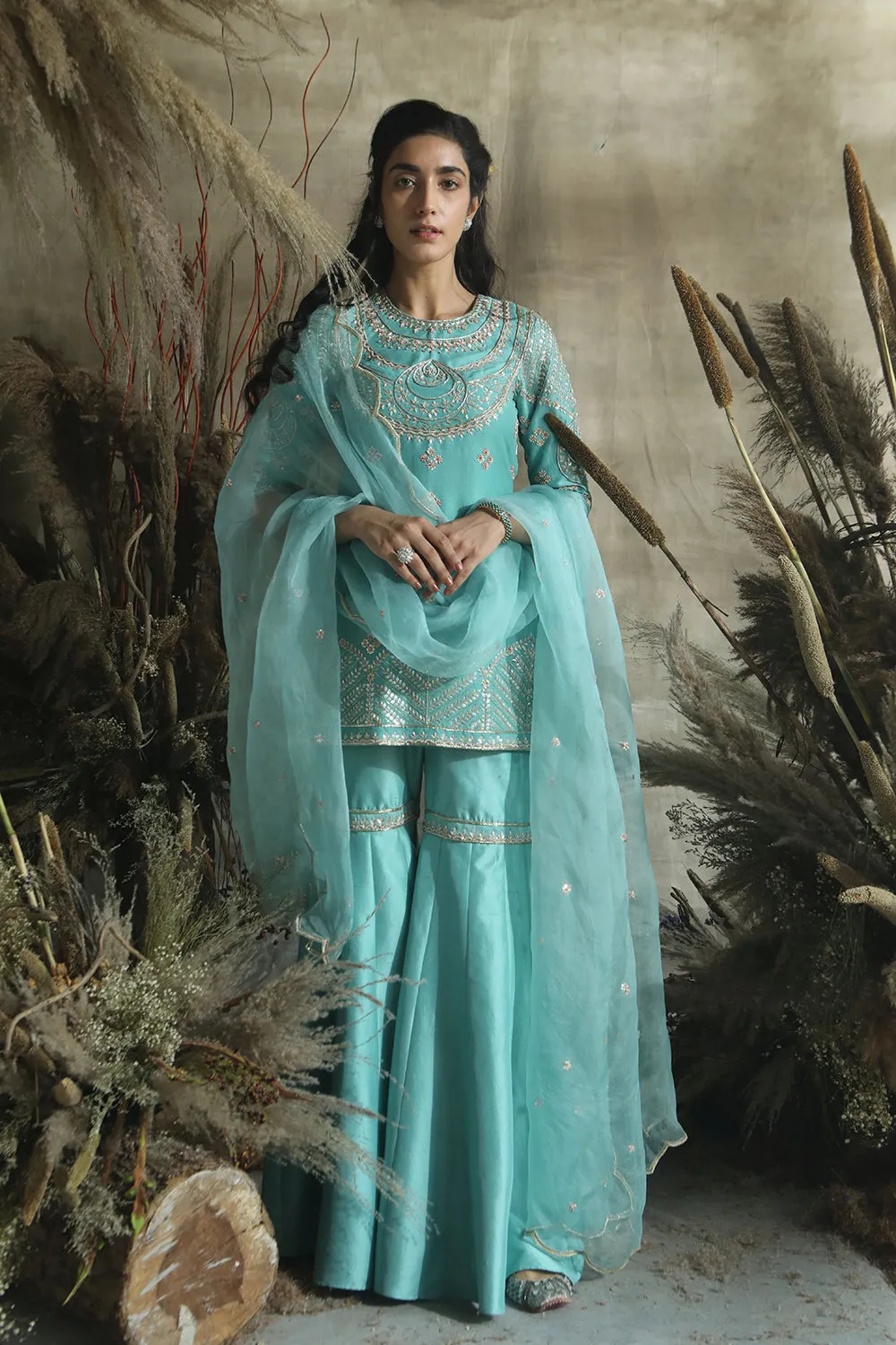 Dark Turquoise Dupian Silk Short Shirt With Garara/Organza Dupatta