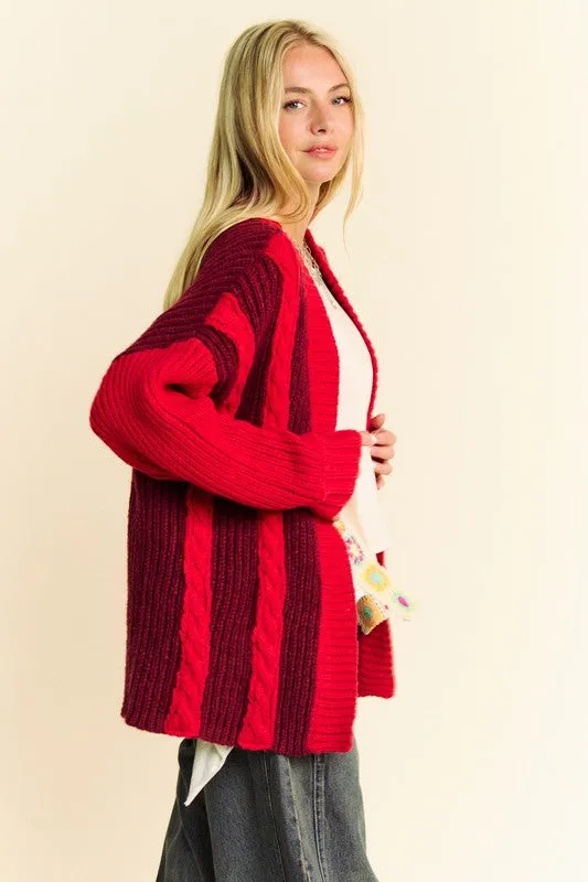 Davi & Dani Cable-Knit Cardigan Burgundy Stripe Women Loose Open Knitwear