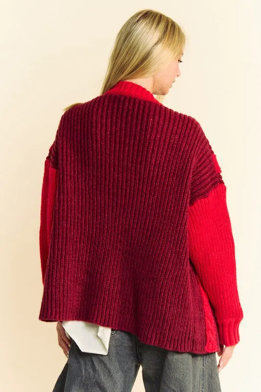 Davi & Dani Cable-Knit Cardigan Burgundy Stripe Women Loose Open Knitwear