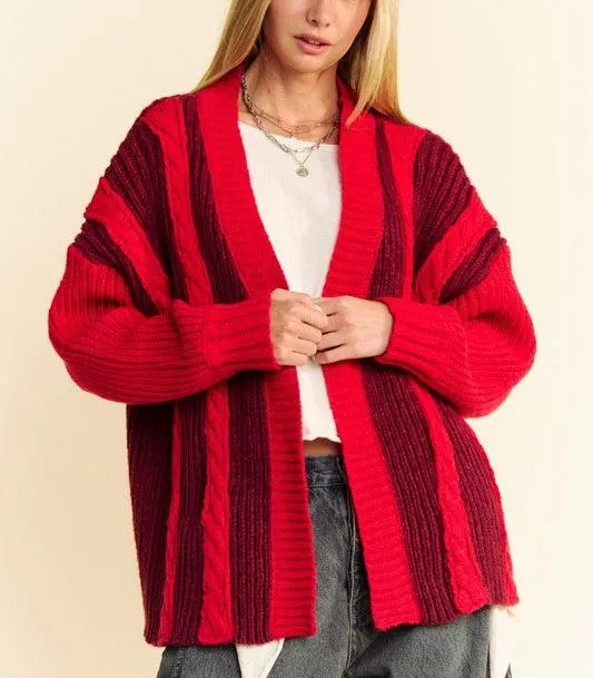 Davi & Dani Cable-Knit Cardigan Burgundy Stripe Women Loose Open Knitwear