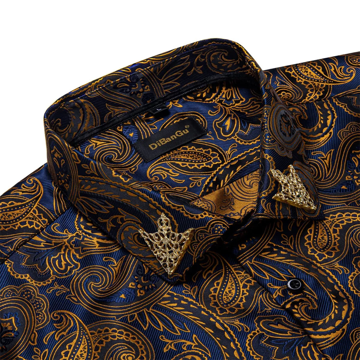 DiBanGu Tuxedo Shirt Blue Gold Paisley Silk Button Down Men's Dress Shirt