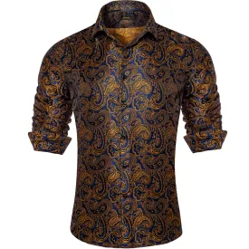 DiBanGu Tuxedo Shirt Blue Gold Paisley Silk Button Down Men's Dress Shirt