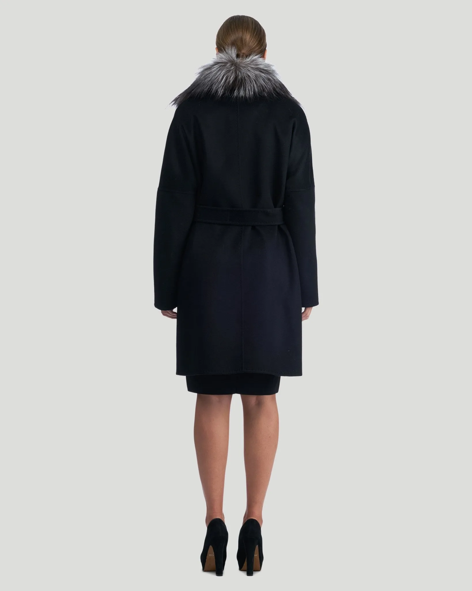 Double Face Cashmere Short Coat with Fox Collar and Belt