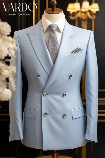 Elegant Light Sky Blue Double Breasted Suit for Men