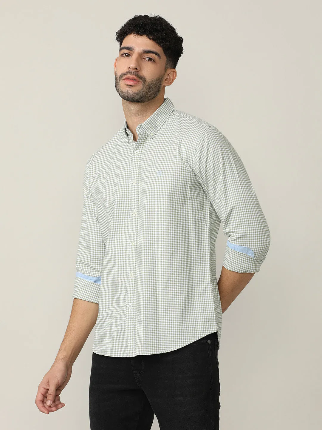 Fern Green Oxford Gingham Checks Shirt With Button Down Collar