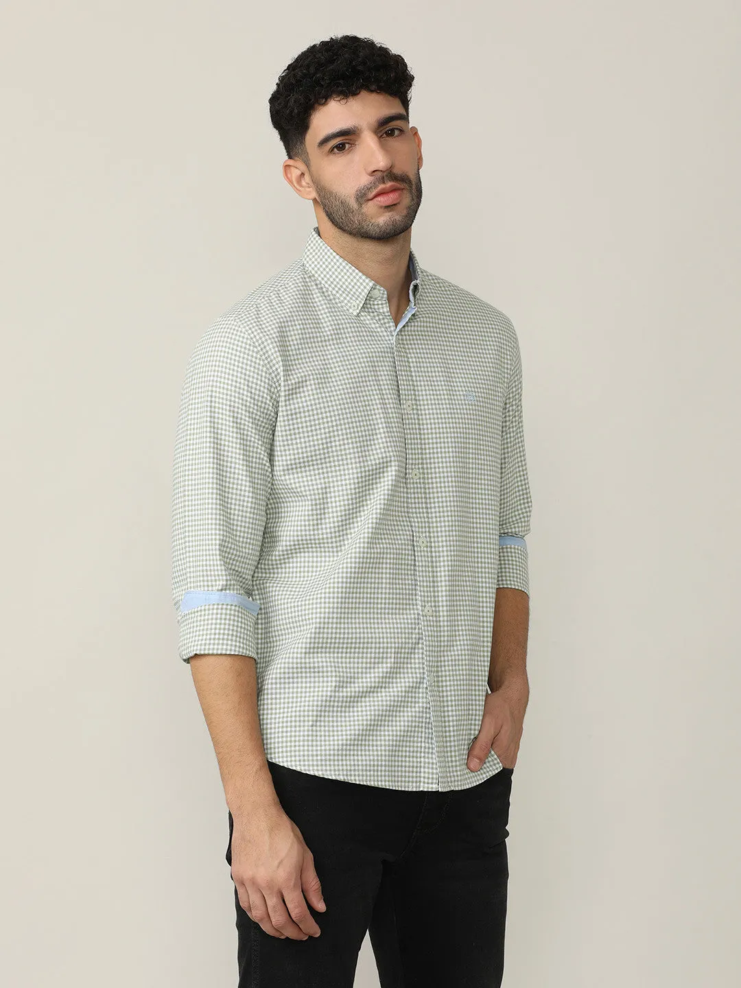 Fern Green Oxford Gingham Checks Shirt With Button Down Collar