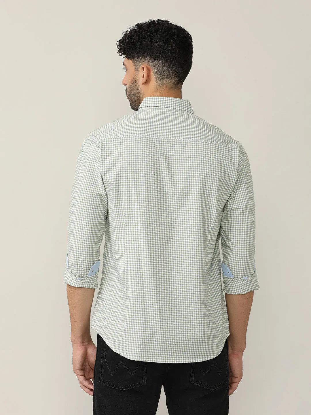 Fern Green Oxford Gingham Checks Shirt With Button Down Collar