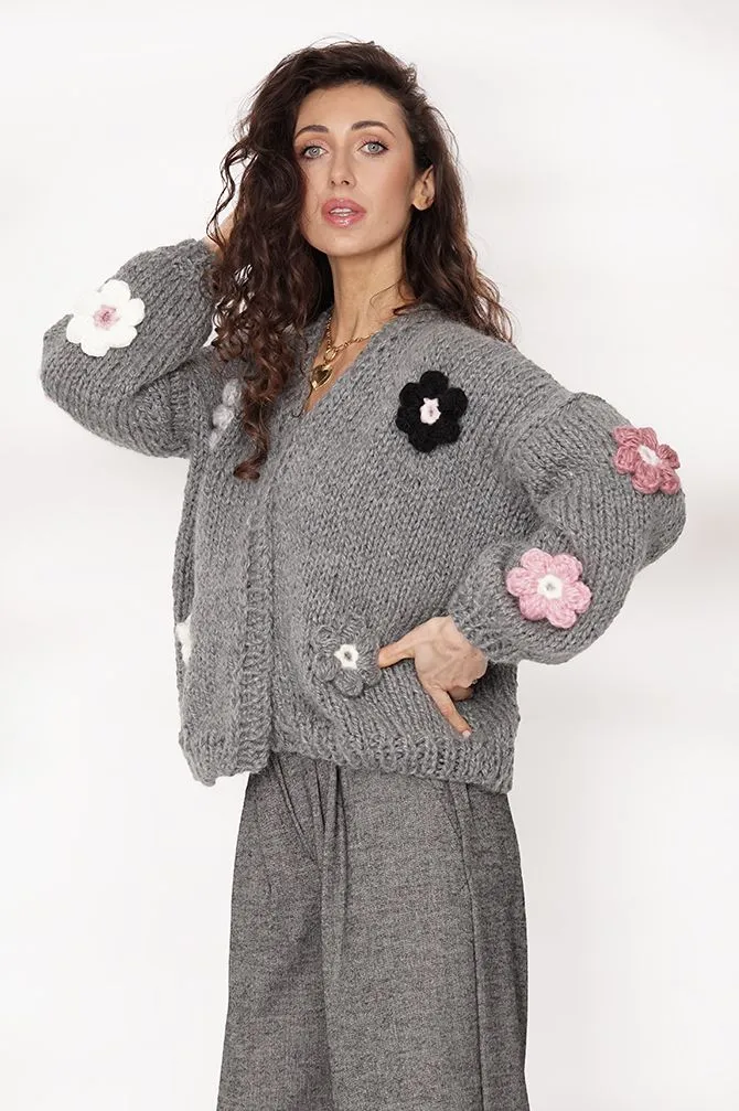 Flower Handmade Cardigan Dark Grey