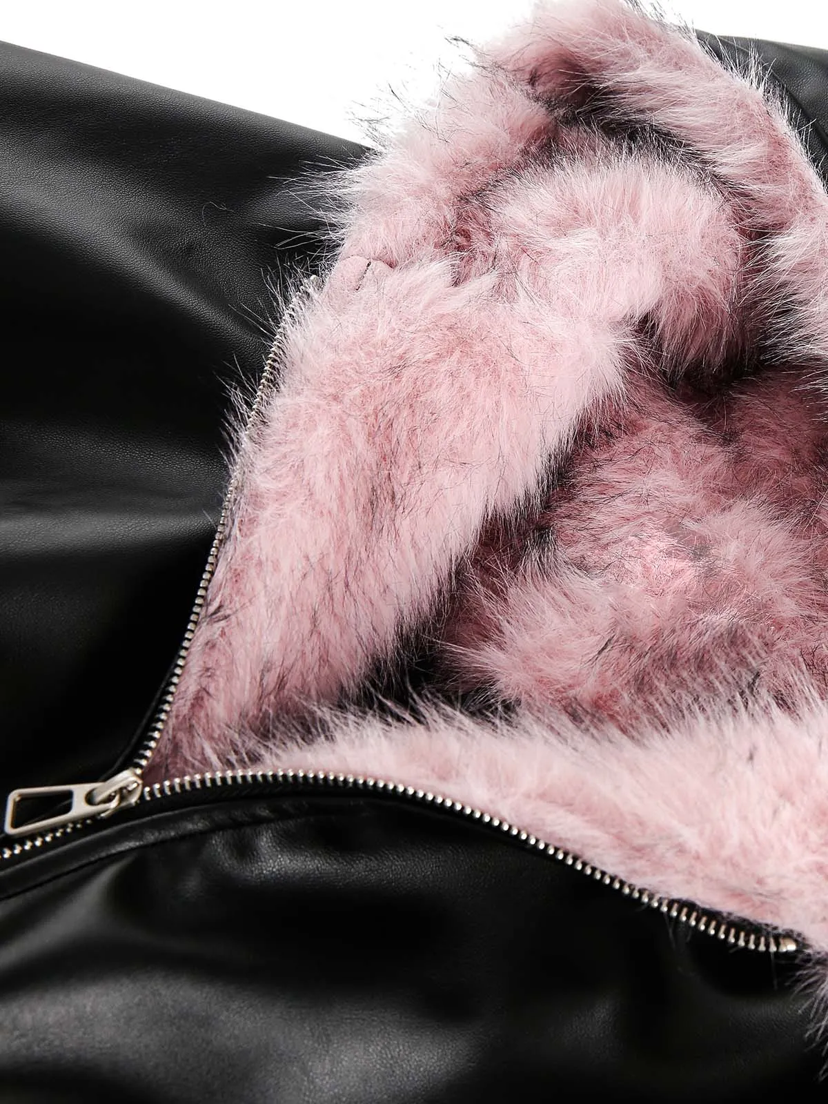 Leather Pink Fur Hooded Quilted Jacket