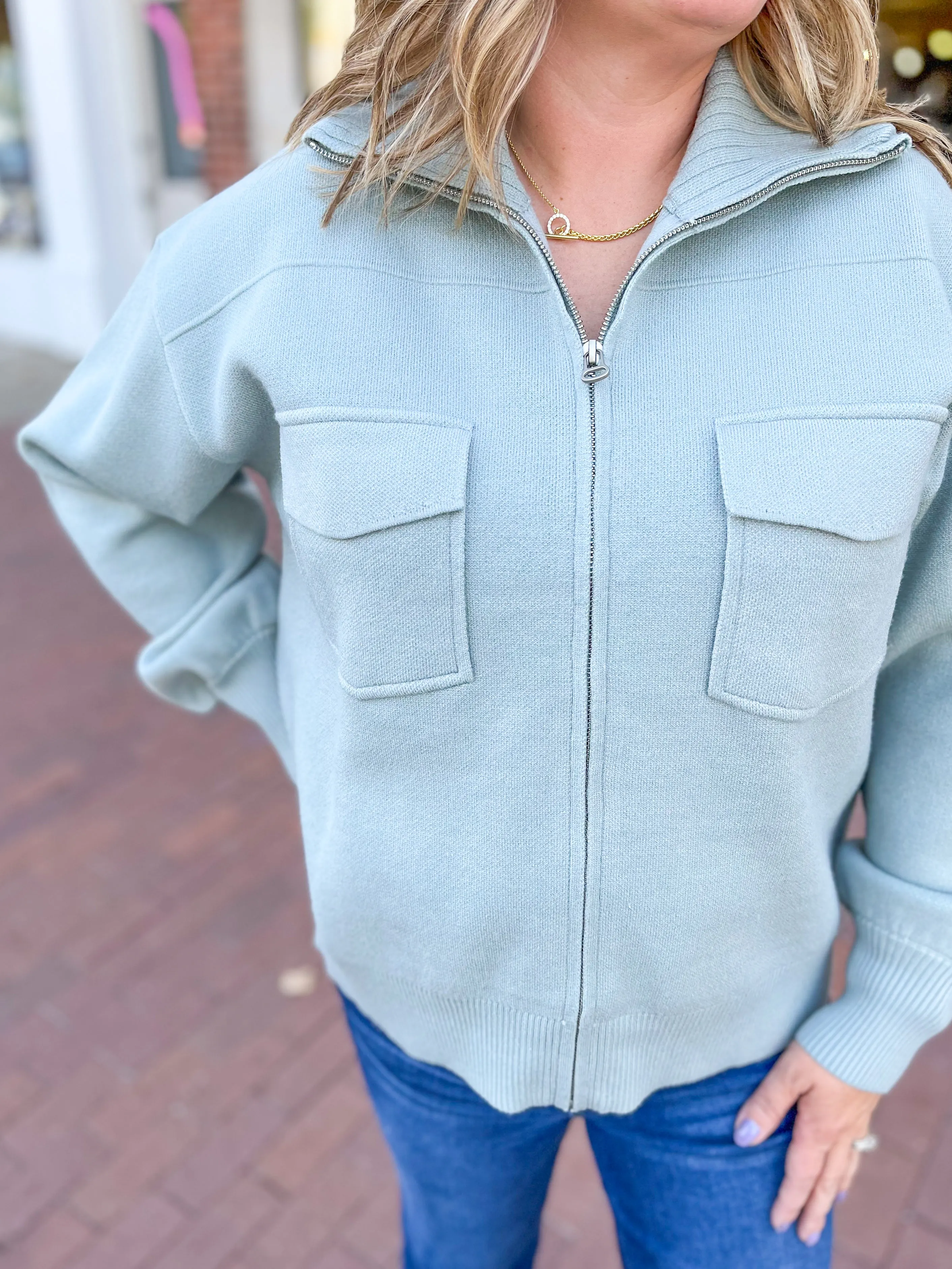 Light Teal Zippered Sweater Jacket