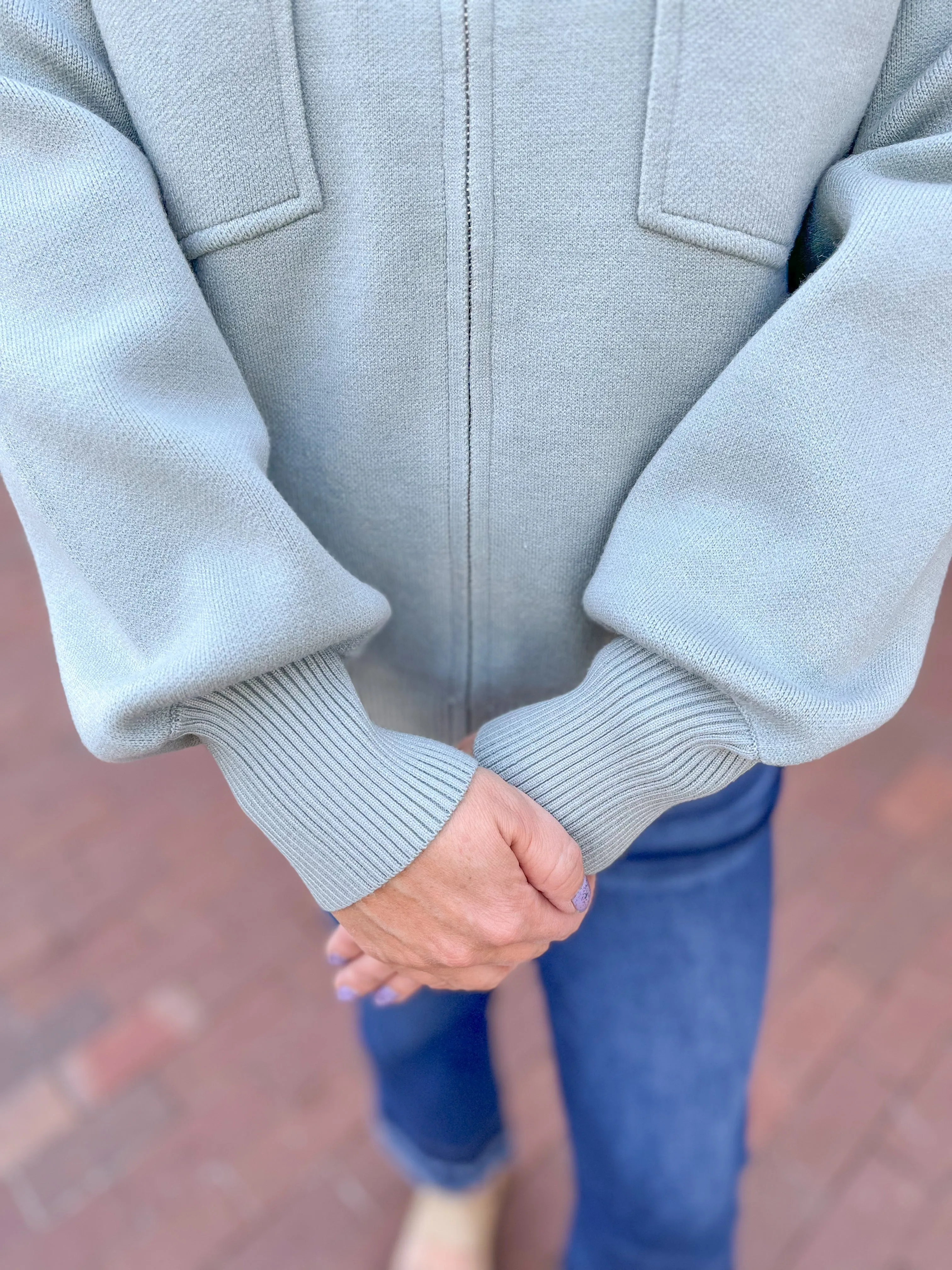 Light Teal Zippered Sweater Jacket