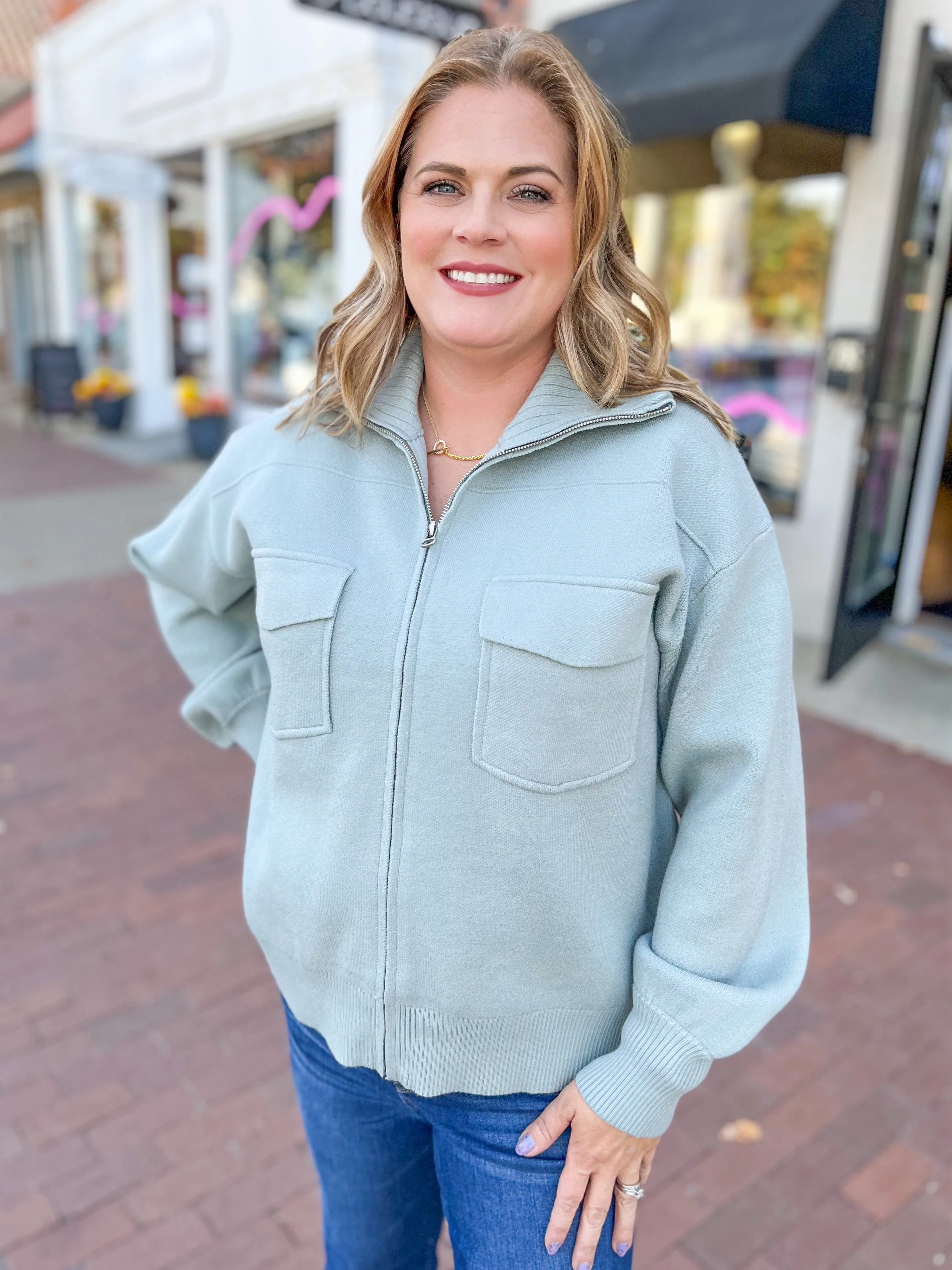 Light Teal Zippered Sweater Jacket