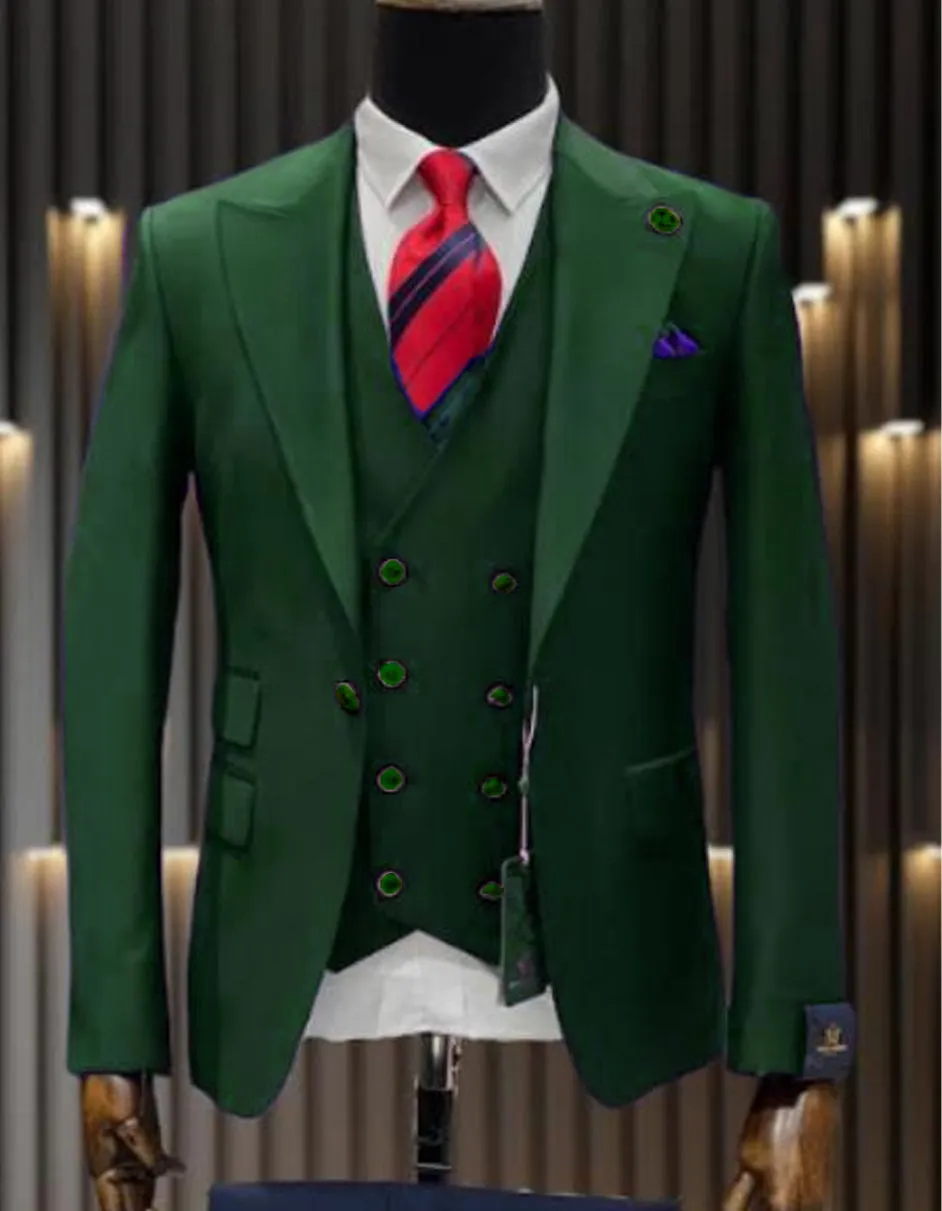 Mens One Button Peak Lapel Double Breasted Vest Wool Suit in Hunter Green