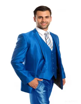 Mens Slim Fitted 2 Button Vested Shiny Sharkskin Suit in Royal Blue