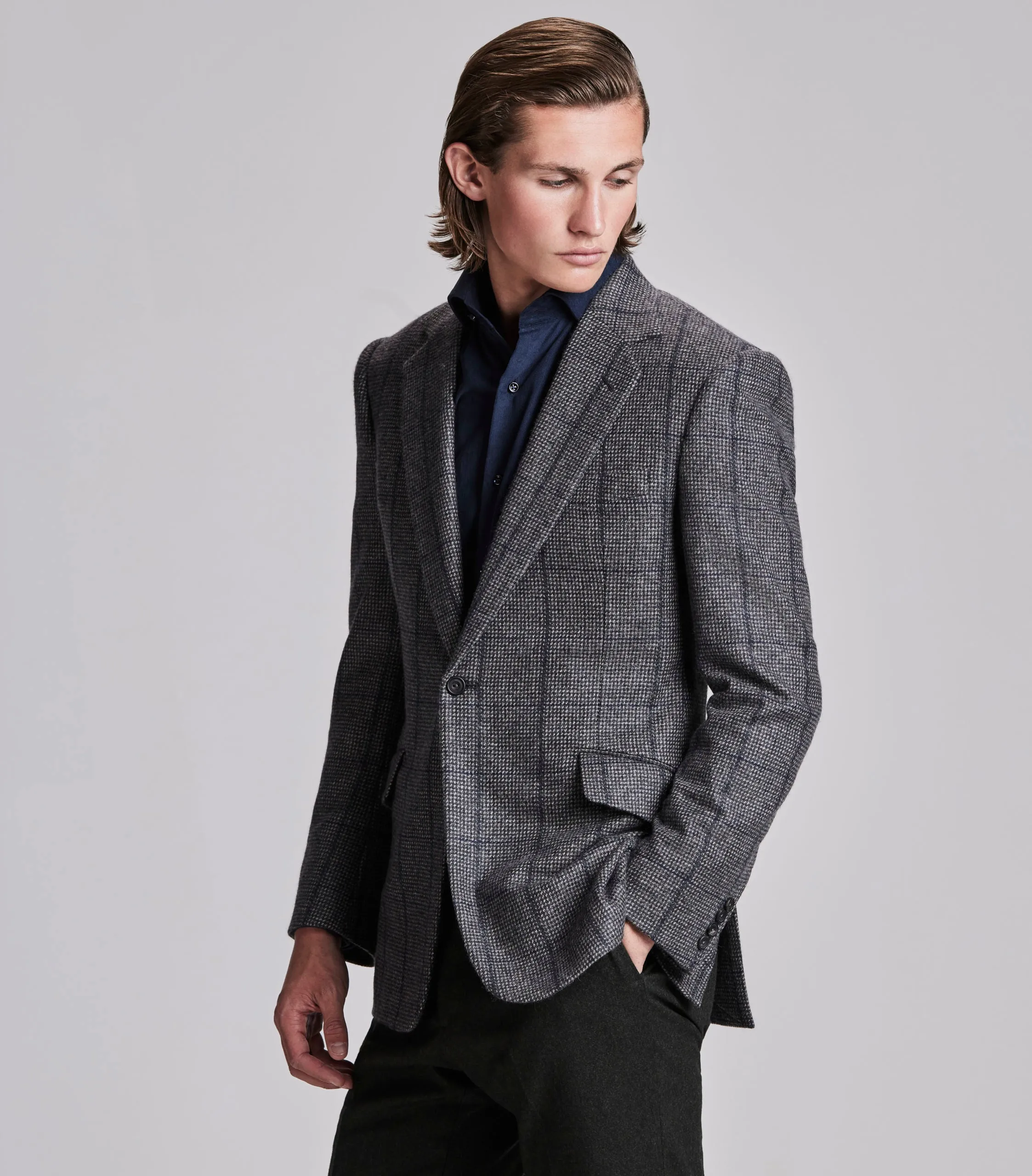 Navy/Grey Hairline Check Cashmere Jacket