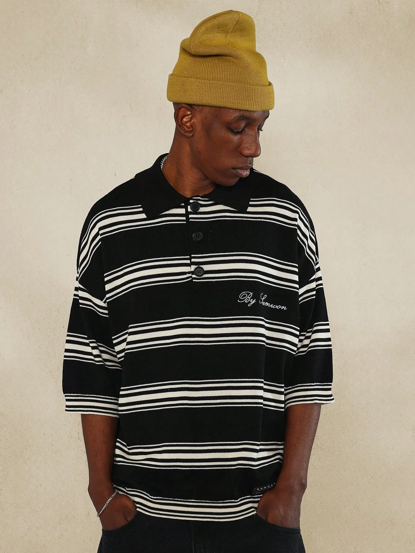 Oversized Fit Stripe Knit Polo Top With Embroidery Design