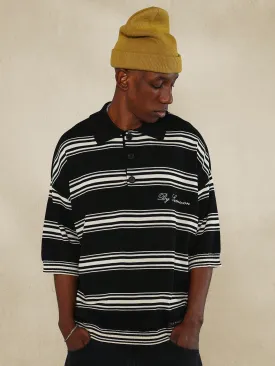 Oversized Fit Stripe Knit Polo Top With Embroidery Design