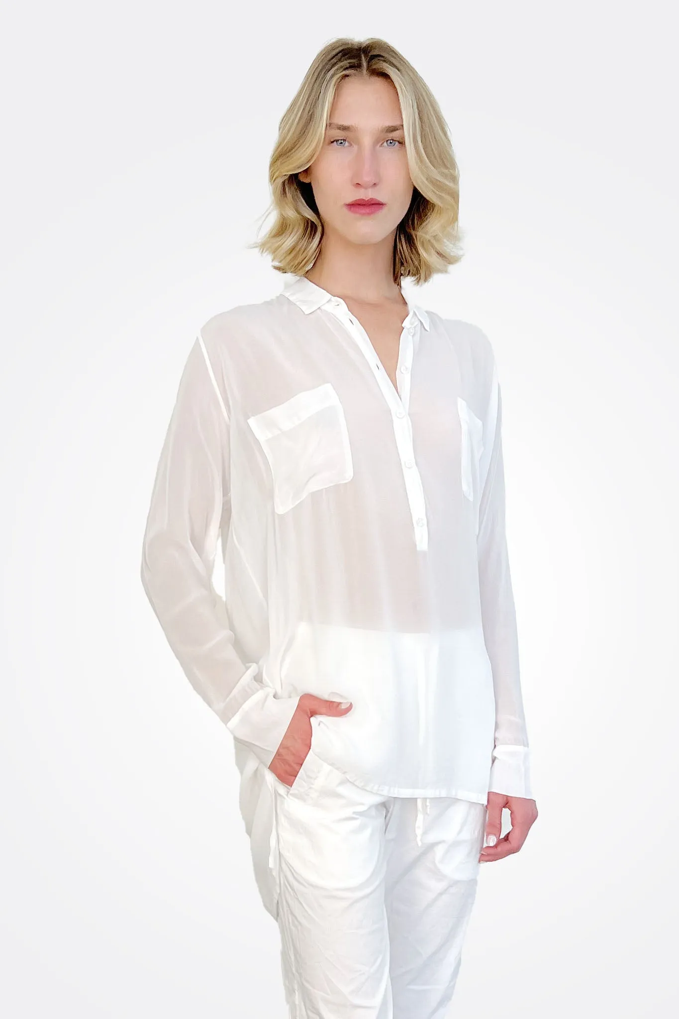 Pocket Oversized Silk Button Down - White