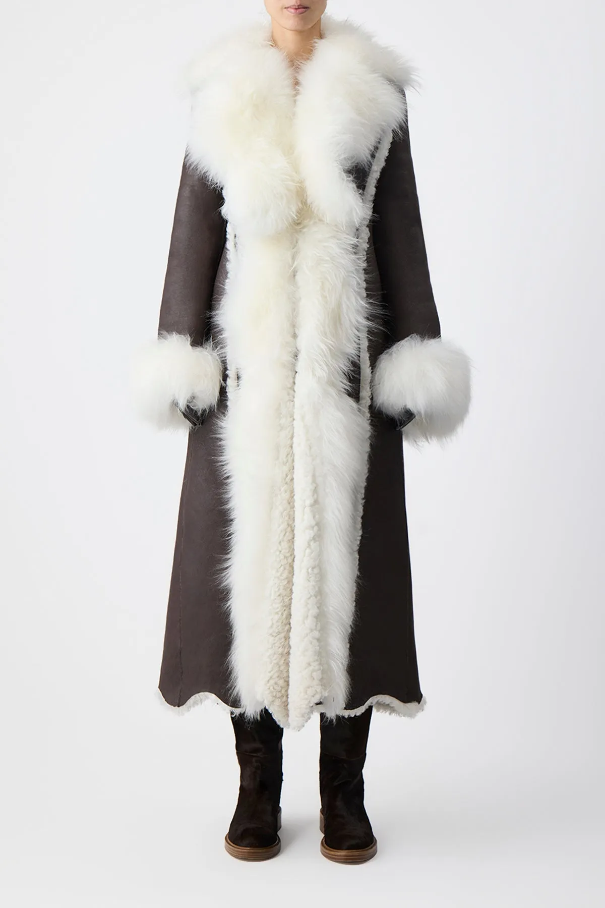 Prufrock Coat in Chocolate & Ivory Cashmere Shearling