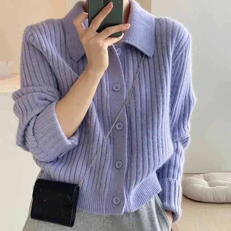 Purpdrank - Turn Down Knit Cardigan Women Autumn Winter Button Up Solid Color Sweater Coats Woman Long Sleeve Soft Cardigans Ladies