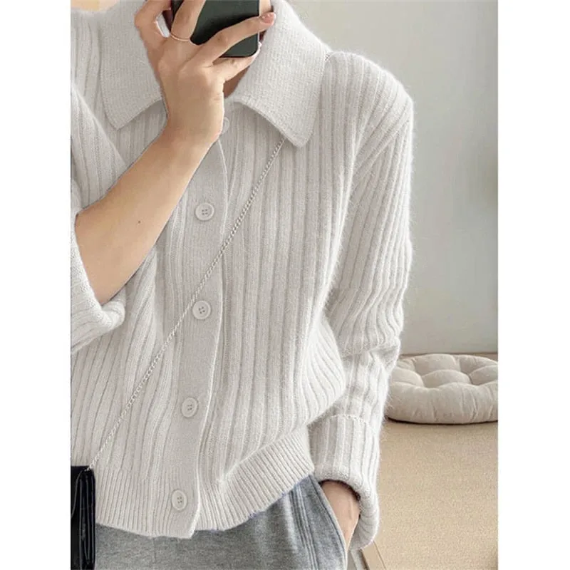 Purpdrank - Turn Down Knit Cardigan Women Autumn Winter Button Up Solid Color Sweater Coats Woman Long Sleeve Soft Cardigans Ladies