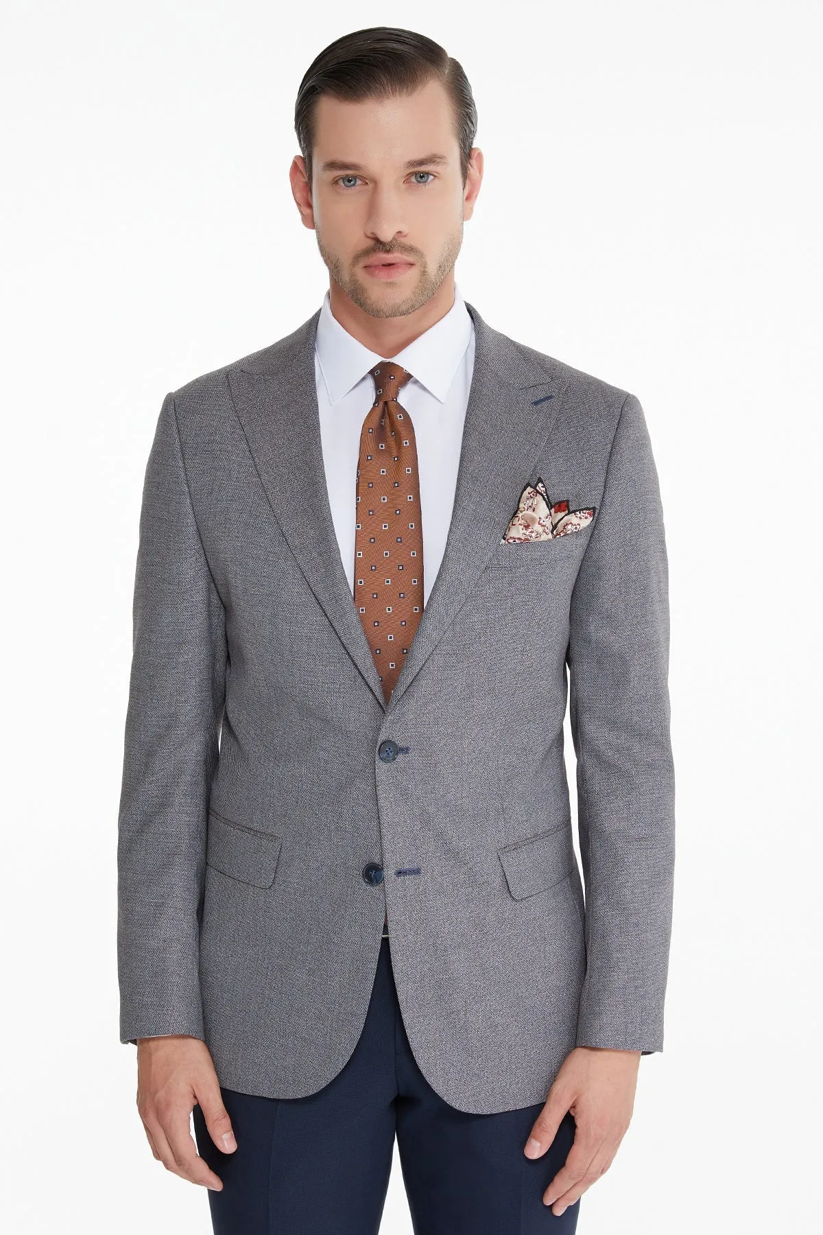 Slim Fit Gray - Burgundy Peak Lapel Wool Blend Casual Suit