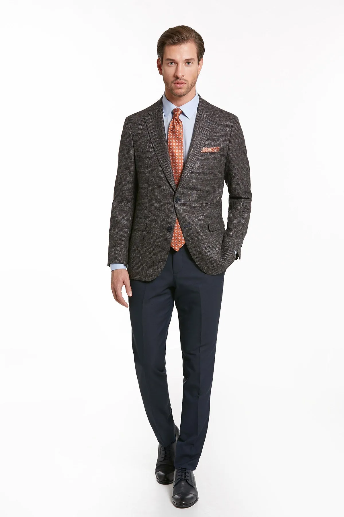 Slim Fit Notch Lapel Checked Casual Suit, Brown K.