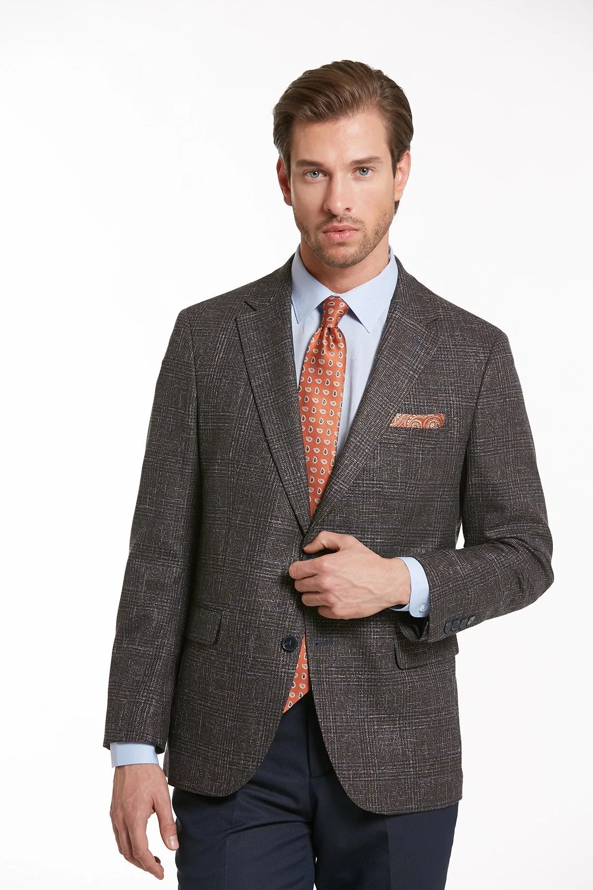 Slim Fit Notch Lapel Checked Casual Suit, Brown K.