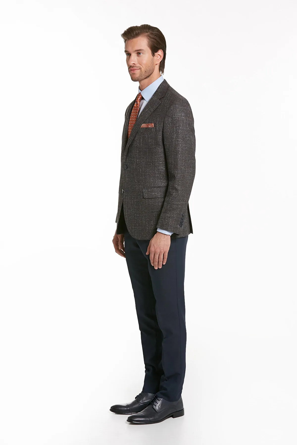 Slim Fit Notch Lapel Checked Casual Suit, Brown K.