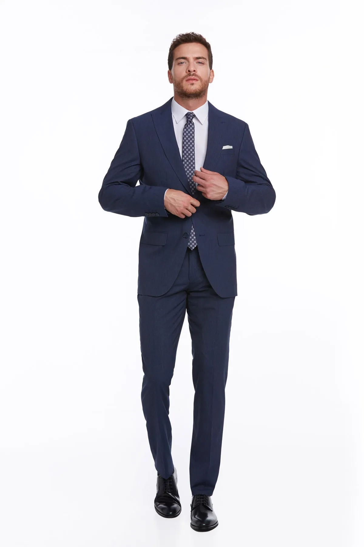 Slim Fit Notch Lapel Navy Striped Classic Suit