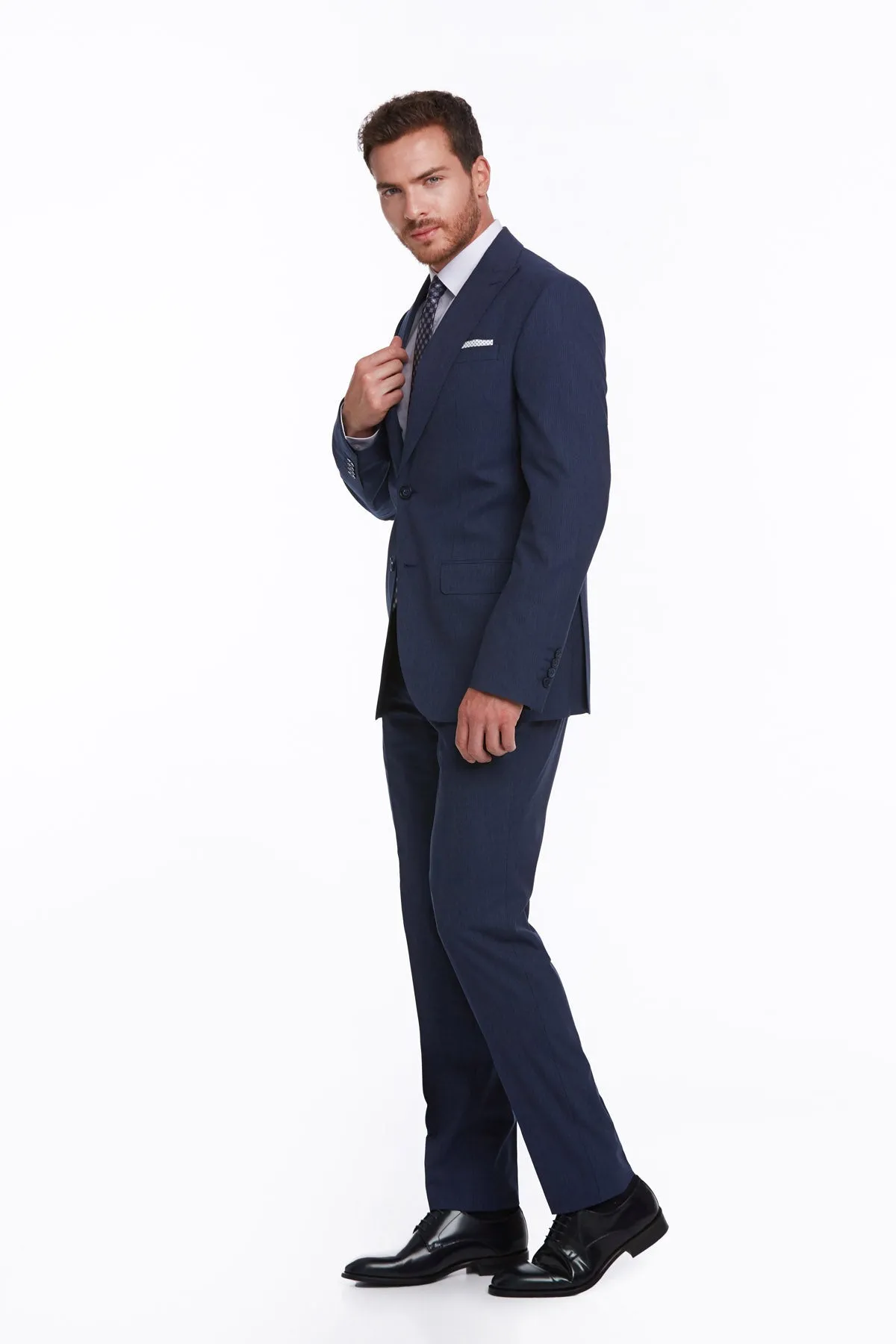 Slim Fit Notch Lapel Navy Striped Classic Suit